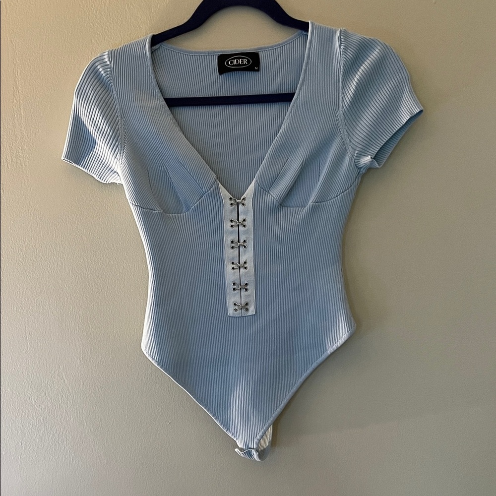 Cider Sky Blue Ribbed Bodysuit with Lace-Up Front
